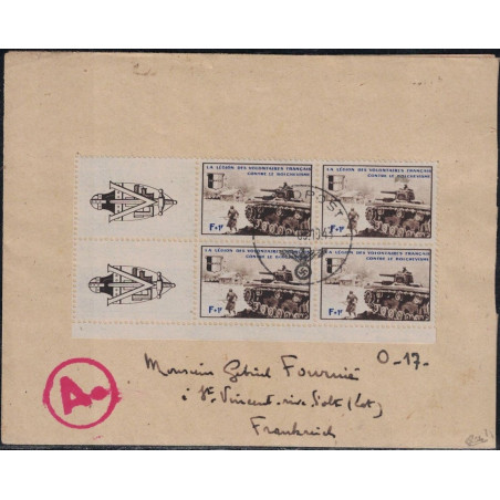 LEGION DES VOLONTAIRES FRANCAIS - L.V.F. - LETTRE AYANT CIRCULEE - BLOC DE 4 DU N°8 - AVEC CORRESPONDANCE DE RUSSIE.