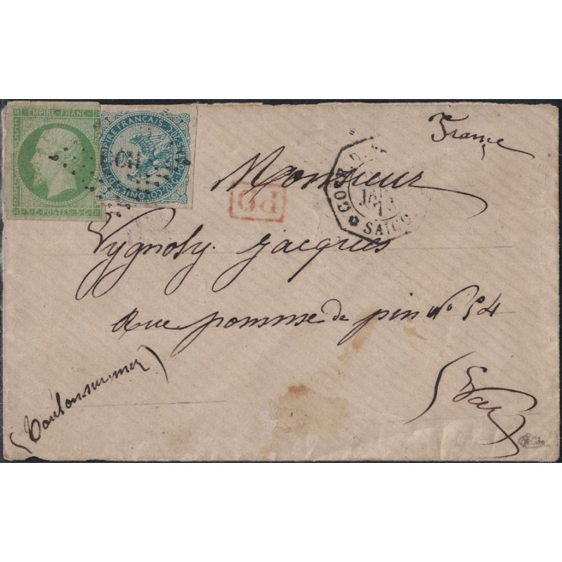 INDOCHINE - AIGLE 20c N°4 + EMPIRE 5c N°8 OBLITERATION LOSANGE CCH - LETTRE POUR LA FRANCE DU 24-01-1873. INDOCHINE - AIGLE 20c N°4 + EMPIRE 5c N°8 OBLITERATION LOSANGE CCH - LETTRE POUR LA FRANCE DU 24-01-1873.