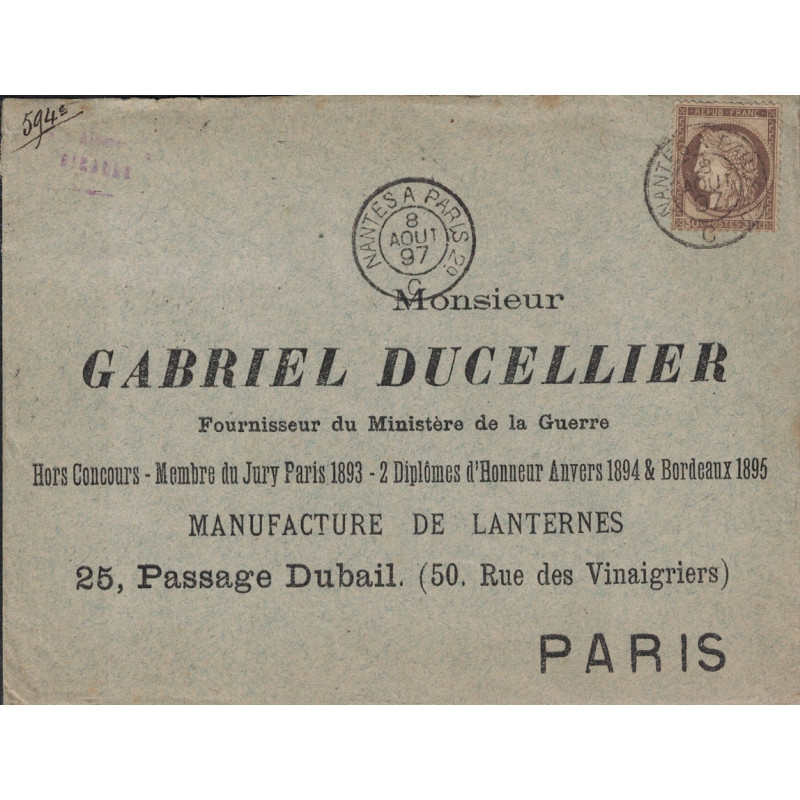 LOIRE ATLANTIQUE - CERES - N°56 - CACHET AMBULANT - NANTES A PARIS 2° - LE 8-8-1897 - TARDIF ET RARE. LOIRE ATLANTIQUE - CERES - N°56 - CACHET AMBULANT - NANTES A PARIS 2° - LE 8-8-1897 - TARDIF ET RARE.