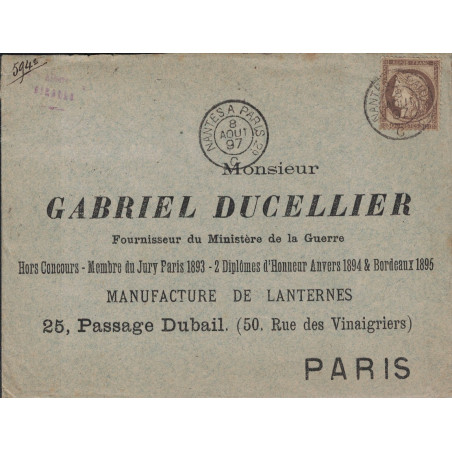 LOIRE ATLANTIQUE - CERES - N°56 - CACHET AMBULANT - NANTES A PARIS 2° - LE 8-8-1897 - TARDIF ET RARE.