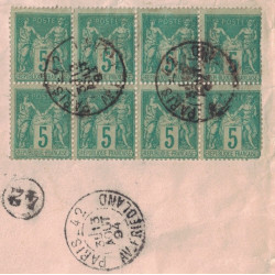 SAGE - BLOC DE 8 DU 5c SUR ENVELOPPE RECOMMANDEE 3ème ECHELON - DE PARIS 42 AVENUE FRIEDLAND - 13-8-1894.