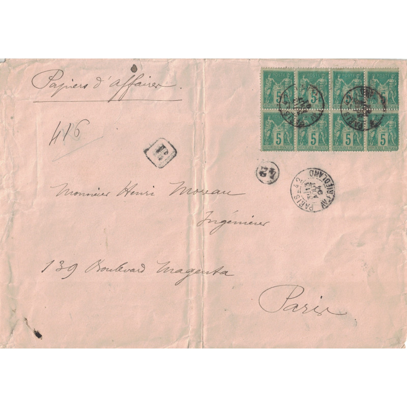 SAGE - BLOC DE 8 DU 5c SUR ENVELOPPE RECOMMANDEE 3ème ECHELON - DE PARIS 42 AVENUE FRIEDLAND - 13-8-1894. SAGE - BLOC DE 8 DU 5c SUR ENVELOPPE RECOMMANDEE 3ème ECHELON - DE PARIS 42 AVENUE FRIEDLAND - 13-8-1894.