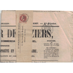 HERAULT- BEZIERS DU 11 JANVIER 1867 - N°26 2c SEUL SUR BANDE AVEC JOURNAL COMPLET AVEC TIMBRE FISCAL SUR LE JOURNAL.