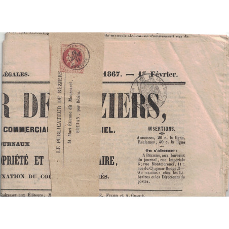 HERAULT- BEZIERS DU 11 JANVIER 1867 - N°26 2c SEUL SUR BANDE AVEC JOURNAL COMPLET AVEC TIMBRE FISCAL SUR LE JOURNAL.
