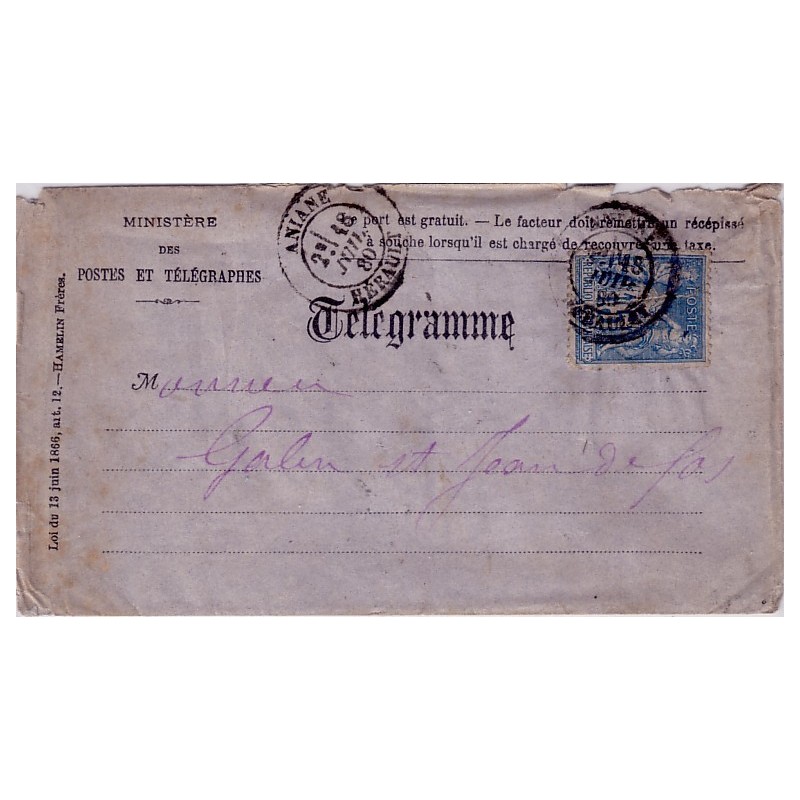 HERAULT - ANIANE - TELEGRAMME AVEC 15c SAGE 18-7-1880.