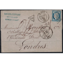 GARD - NIMES - CERES - LETTRE POUR LONDRES TAXE 25 MANUSCRITE - LE 21-1-1876.