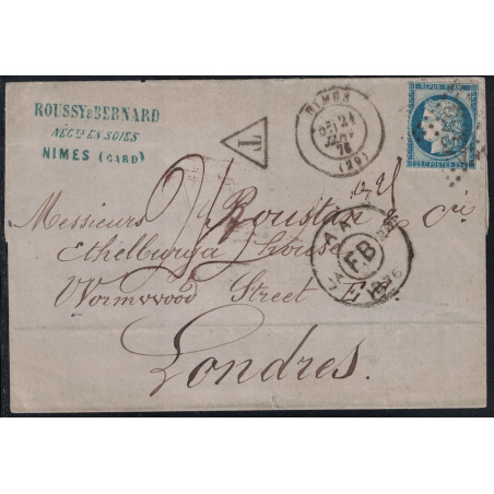 GARD - NIMES - CERES - LETTRE POUR LONDRES TAXE 25 MANUSCRITE - LE 21-1-1876.