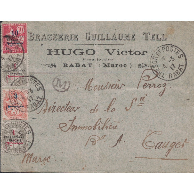 MAROC - TRESOR ET POSTES - RABAT - LETTRE ENTETE DU 4-3-1917 POUR TANGER - BEL AFFRANCHISSEMENT.