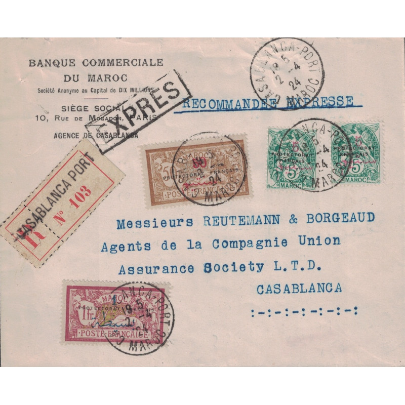 MAROC - CASABLANCA PORT - LETTRE RECOMMANDEE EXPRES DU 2-4-1924.
