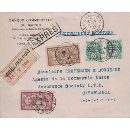 MAROC - CASABLANCA PORT - LETTRE RECOMMANDEE EXPRES DU 2-4-1924.