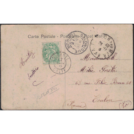 CRETE - LA CANEE - TYPE BLANC SUR CARTE POSTALE POUR TOULON LE 17-11-1905.