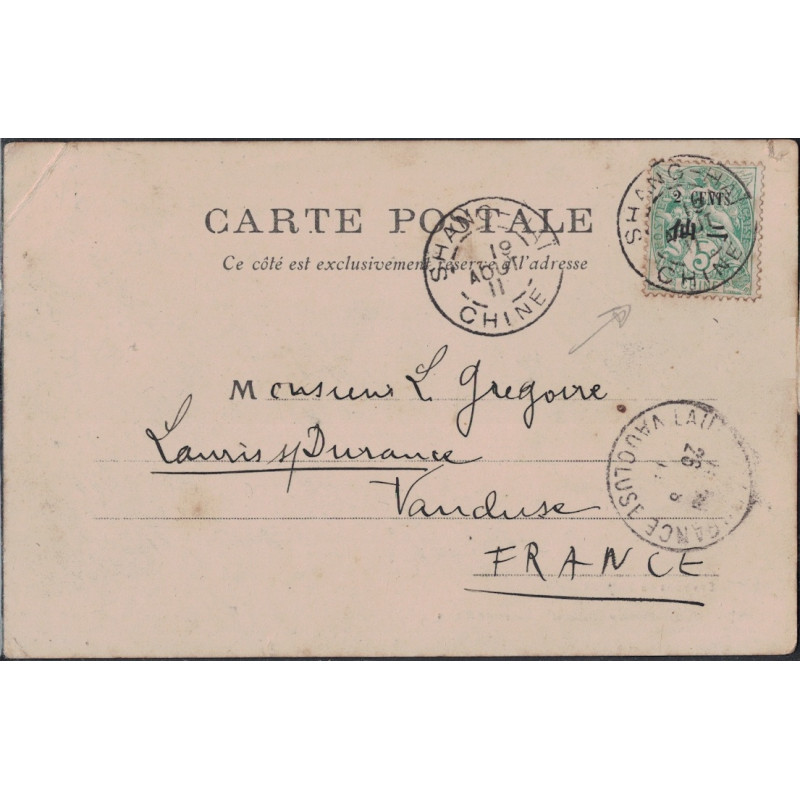 CHINE - SHANGHAI - TYPE BLANC DE CHINE SUR CARTE POSTALE POUR LA FRANCE LE 19-8-1911.