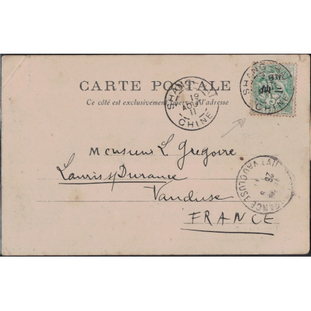 CHINE - SHANGHAI - TYPE BLANC DE CHINE SUR CARTE POSTALE POUR LA FRANCE LE 19-8-1911.