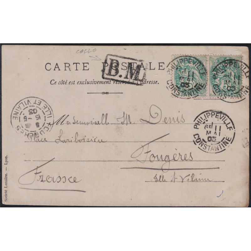 ALGERIE - PHILIPPEVILLE - GRIFFE RECTANGLE BM - TYPE BLANC SUR CARTE PHOTO DE COLLO LE QUAI - LE 11-5-1903.