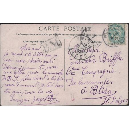 ALGERIE - AUMALE - BM RECTANGLE - TYPE BLANC POUR LA BLIDA ALGERIE DU 5-11-1907.
