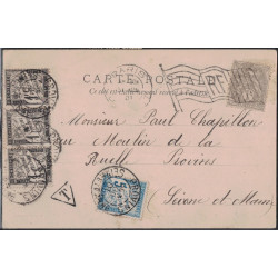 PARIS - DRAPEAU PARIS DEPART - 1c SEUL SUR CARTE POSTALE TAXEE - BANDE DU 1c NOIR BANDEROLE + 5c BLEU EN 1901.