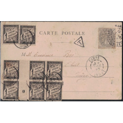 PARIS - 1c SEUL SUR CARTE POSTALE TAXEE - BLOC DE 6 DU 1c NOIR BANDEROLE AVEC MILLESIME + 1c x 2 - TAXEE A CLUIS - INDRE.
