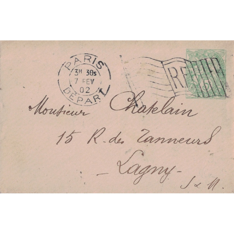 PARIS - DRAPEAU PARIS DEPART SUR 5c TYPE BLANC ENTIER POSTAL LE 7-2-1902.