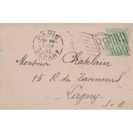 PARIS - DRAPEAU PARIS DEPART SUR 5c TYPE BLANC ENTIER POSTAL LE 7-2-1902.