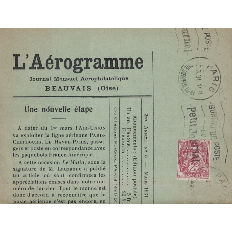 PARIS - TYPE BLANC 2c - OMEC DU BUREAU DE POSTE DU PETIT JOURNAL SUR PLI DE LA REVUE - LE 10-3-1931- COTE 100€