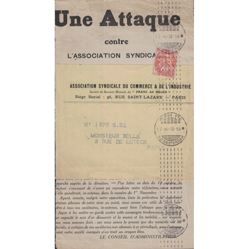 PARIS - TYPE BLANC 3c - OMEC MACHINE CHAMBON DU BUREAU RUE D'AMSTERDAM LE 17-11-1913.