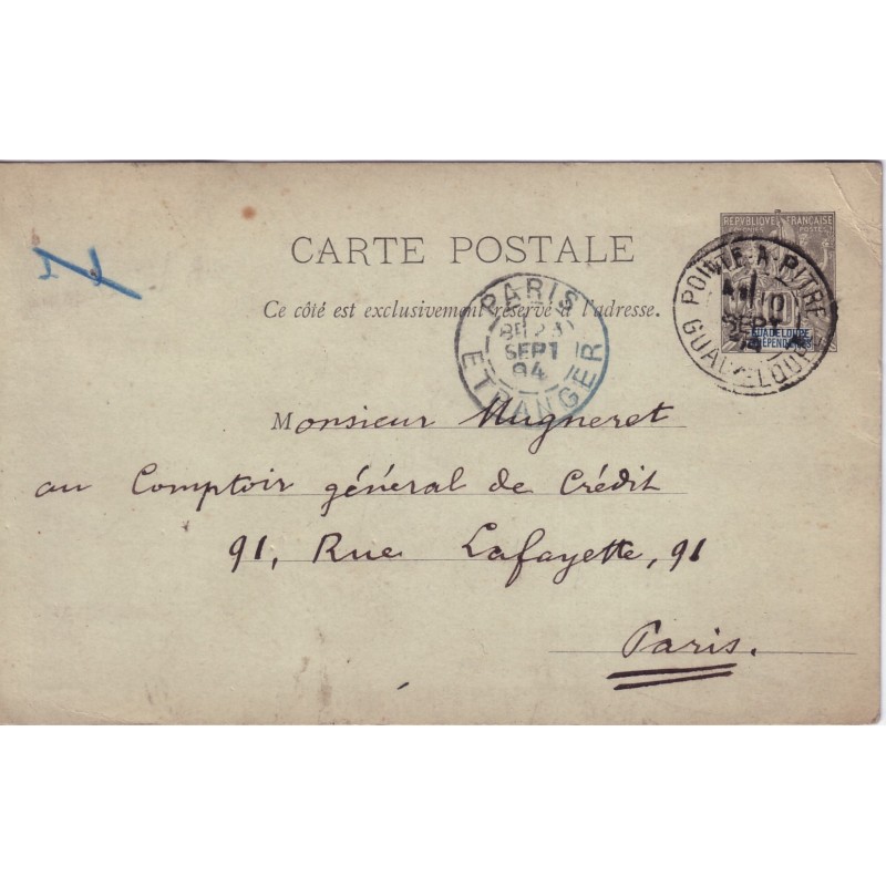 GUADELOUPE - ENTIER POSTAL GROUPE - POINTE A PITRE 10-9-1894.