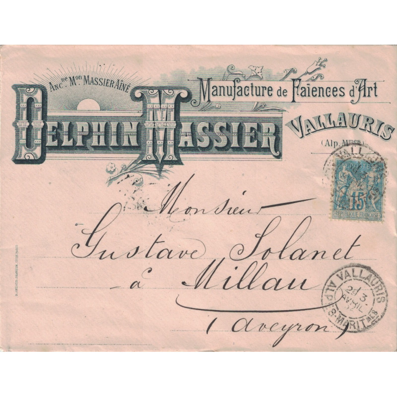 ALPES MARITIMES - VALLAURIS - SAGE - N°101 SUR LETTRE ILLUSTREE MANUFACTURE FAIENCE D'ART DELPHIN MASSIER VALLAURIS..