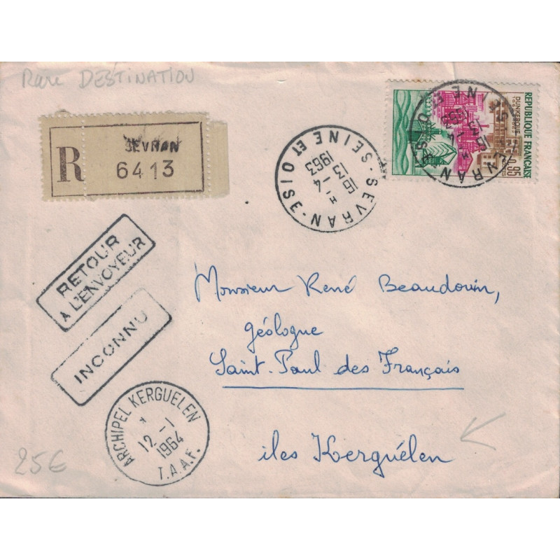 SEINE ET OISE - SEVRAN - LETTRE RECOMMANDEE POUR ST PAUL DES FRANCAIS ILES KERGUELEN - 13-4-1963. SEINE ET OISE - SEVRAN - LETTRE RECOMMANDEE POUR ST PAUL DES FRANCAIS ILES KERGUELEN - 13-4-1963.