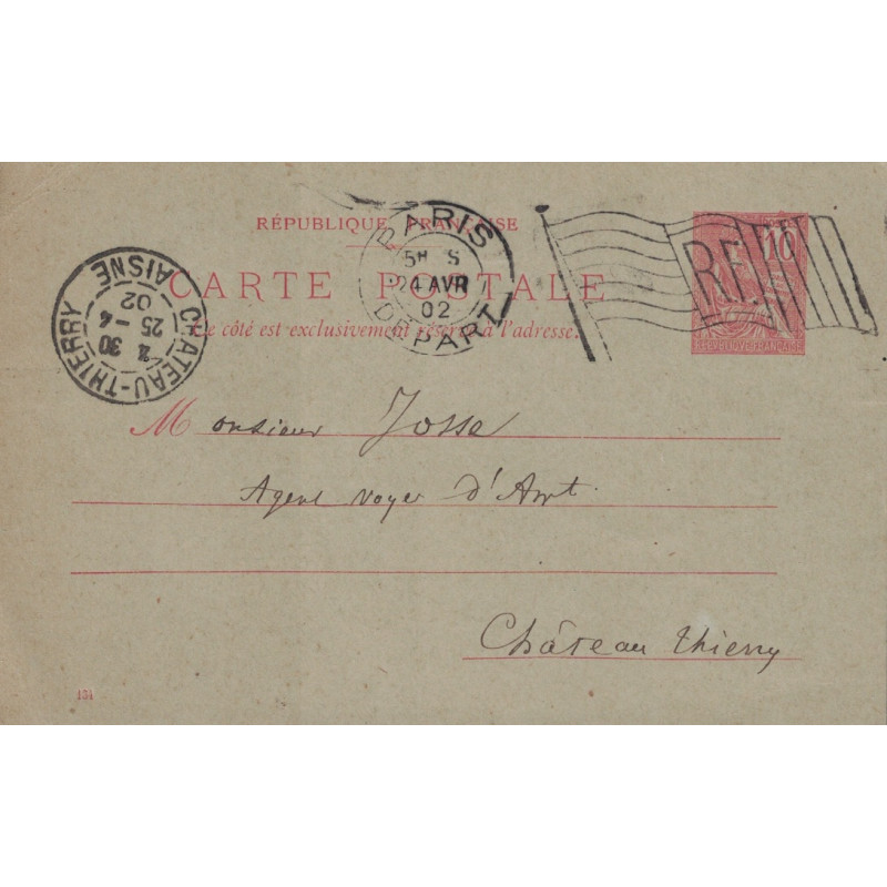 PARIS - DEPART - DRAPEAU RF - LE 4 AVRIL 1902 SUR ENTIER POSTAL 10c MOUCHON.