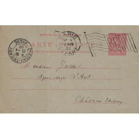 PARIS - DEPART - DRAPEAU RF - LE 4 AVRIL 1902 SUR ENTIER POSTAL 10c MOUCHON.