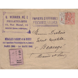 SEINE INFERIEURE - ROUEN - 15c MOUCHON - PAPIERS D'AFFAIRES RECOMMANDES DU 25-2-1902.
