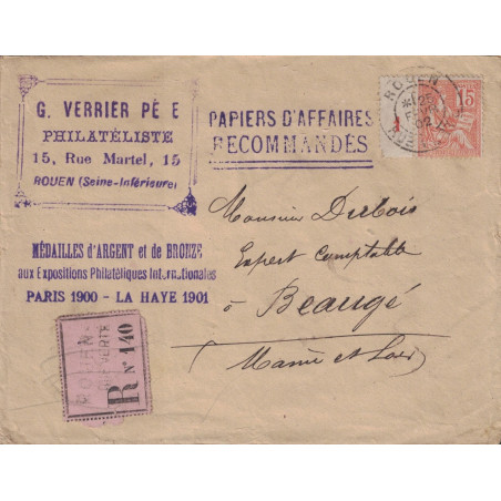 SEINE INFERIEURE - ROUEN - 15c MOUCHON - PAPIERS D'AFFAIRES RECOMMANDES DU 25-2-1902.