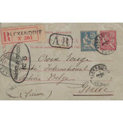EGYPTE - ALEXANDRIE - CARTE POSTALE ENTIER MOUCHON 10c+COMPLEMENT 25c RECOMMANDEE AVEC AR POUR GENEVE - CACHET DE CENSURE.