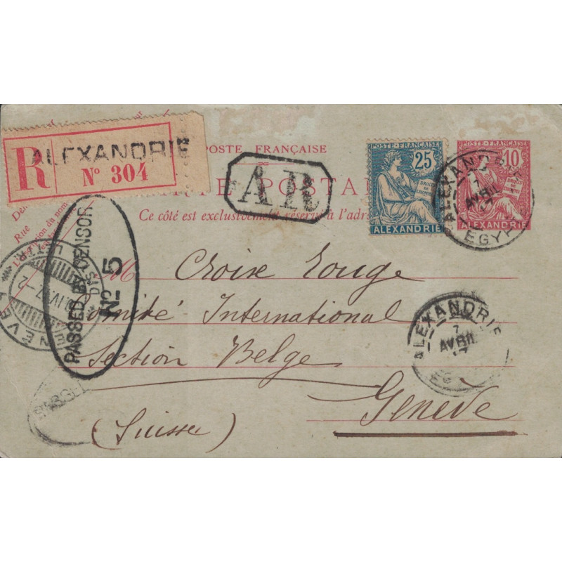 EGYPTE - ALEXANDRIE - CARTE POSTALE ENTIER MOUCHON 10c+COMPLEMENT 25c RECOMMANDEE AVEC AR POUR GENEVE - CACHET DE CENSURE. EGYPTE - ALEXANDRIE - CARTE POSTALE ENTIER MOUCHON 10c+COMPLEMENT 25c RECOMMANDEE AVEC AR POUR GENEVE - CACHET DE CENSURE.