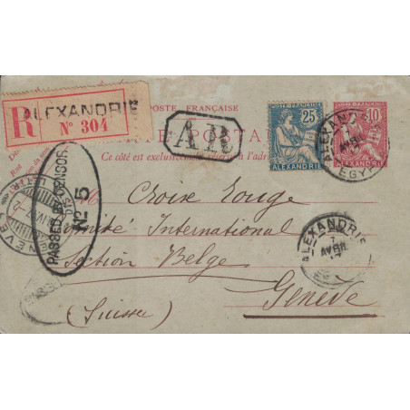EGYPTE - ALEXANDRIE - CARTE POSTALE ENTIER MOUCHON 10c+COMPLEMENT 25c RECOMMANDEE AVEC AR POUR GENEVE - CACHET DE CENSURE.