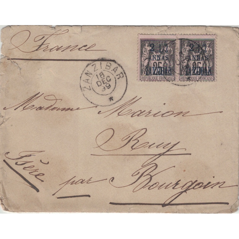 ZANZIBAR - SAGE AVEC SURCHARGE N°24 EN PAIRE POUR LA FRANCE LE 18 DECEMBRE 1899.