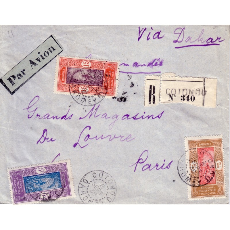 DAHOMEY - COTONOU 2-9-1938 - LETTRE RECOMMANDEE POUR PARIS.