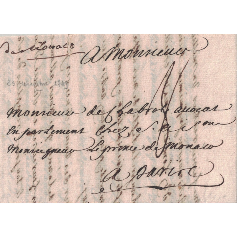 MONACO - GRIFFE MANUSCRITE - LETTRE POUR L'AVOCAT AU PARLEMENT CHEZ S.A.S. MONSEIGNEUR LE PRINCE DE MONAC.O MONACO - GRIFFE MANUSCRITE - LETTRE POUR L'AVOCAT AU PARLEMENT CHEZ S.A.S. MONSEIGNEUR LE PRINCE DE MONAC.O