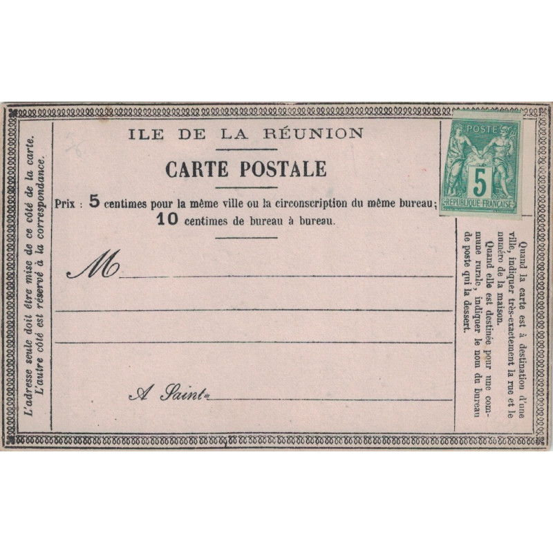 REUNION - CARTE PRECURSEUR ILE DE LA REUNION - SAGE 5c NEUF - CARTE NON CIRCULEE.