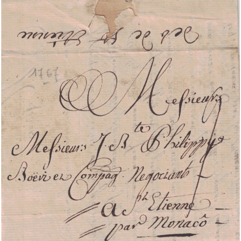 LOIRE - ST ETIENNE - DEB.DE ST ETIENNE - MANUSCRIT - VERSO DE LETTRE DE PARIS POUR ST ETIENNE (EN TINEE) PAR MONACO.