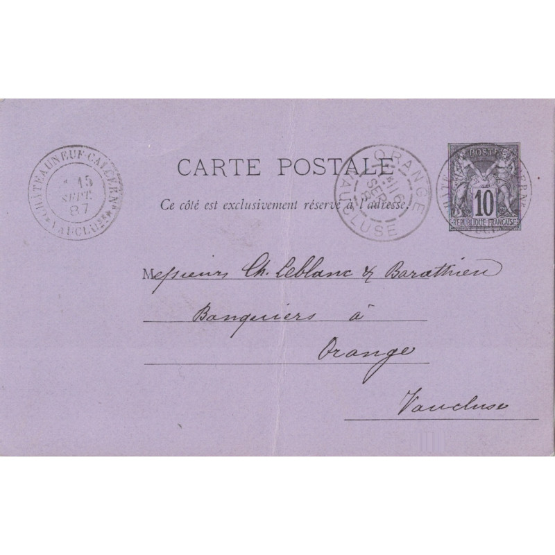 VAUCLUSE - CHATEAUNEUF-CALCERNIER (ANCIEN NOM DE CHATEAUNEUF DU PAPE) - ENTIER POSTAL SAGE 10c.