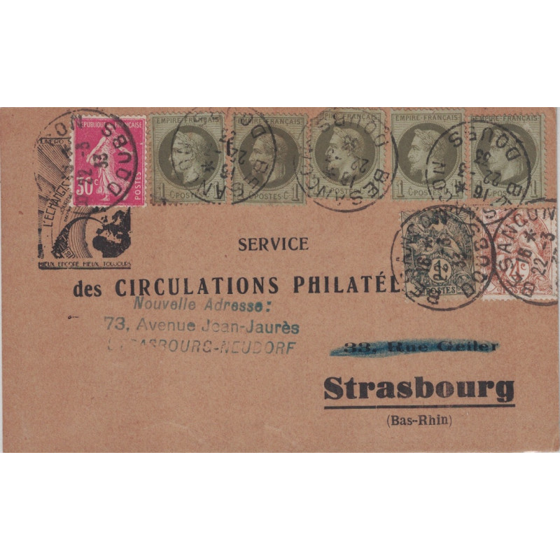 DOUBS - BESANCON - CARTE PRIVEE AFFRANCHISSEMENT TARDIF AVEC 5 X 1c EMPIRE N°25+TYPE BLANC ET SEMEUSE LE 22-8-1935 - CURIOSITE. DOUBS - BESANCON - CARTE PRIVEE AFFRANCHISSEMENT TARDIF AVEC 5 X 1c EMPIRE N°25+TYPE BLANC ET SEMEUSE LE 22-8-1935 - CURIOSITE.