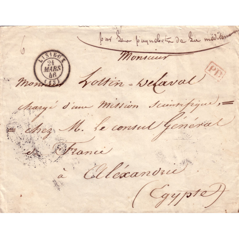 CALVADOS - LISIEUX - LETTRE PAR PAQUEBOT DE LA MEDITERRANEE POUR LOTTIN DELAVAL EXPLORATEUR ET ARCHEOLOGUE A ALEXANDRIE. CALVADOS - LISIEUX - LETTRE PAR PAQUEBOT DE LA MEDITERRANEE POUR LOTTIN DELAVAL EXPLORATEUR ET ARCHEOLOGUE A ALEXANDRIE.