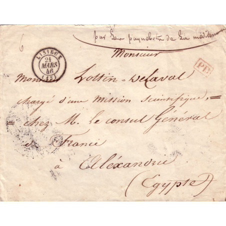 CALVADOS - LISIEUX - LETTRE PAR PAQUEBOT DE LA MEDITERRANEE POUR LOTTIN DELAVAL EXPLORATEUR ET ARCHEOLOGUE A ALEXANDRIE.
