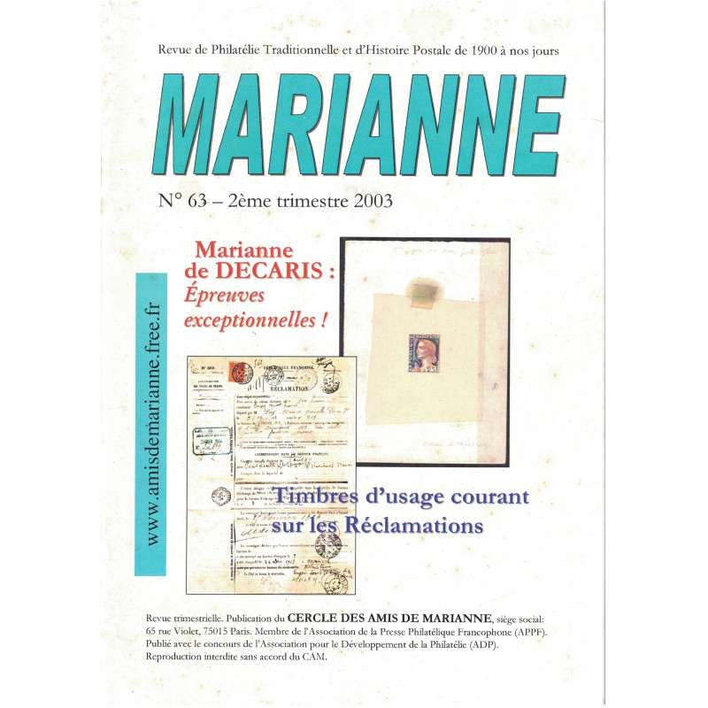 MARIANNE - No63 - CERCLE DES AMIS DE MARIANNE - 2003. MARIANNE - No63 - CERCLE DES AMIS DE MARIANNE - 2003.