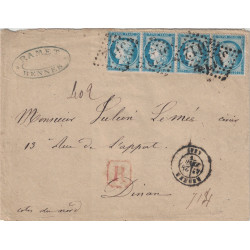 NORD - DUNKERQUE - N°60 BANDE DE 4 OBLITERATION GC SUR LETTRE RECOMMANDEE 28-2-1876.