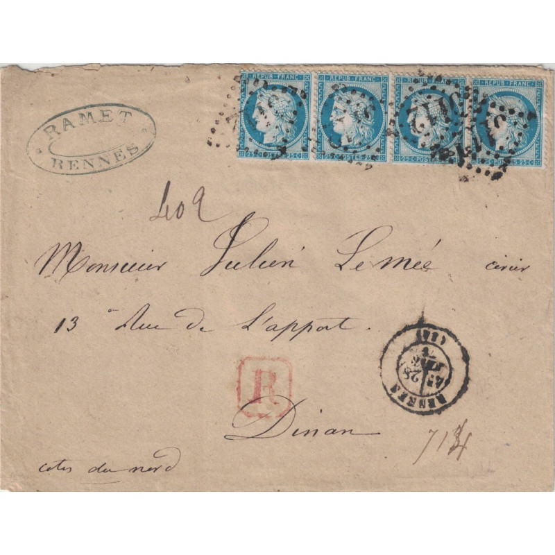 NORD - DUNKERQUE - N°60 BANDE DE 4 OBLITERATION GC SUR LETTRE RECOMMANDEE 28-2-1876.