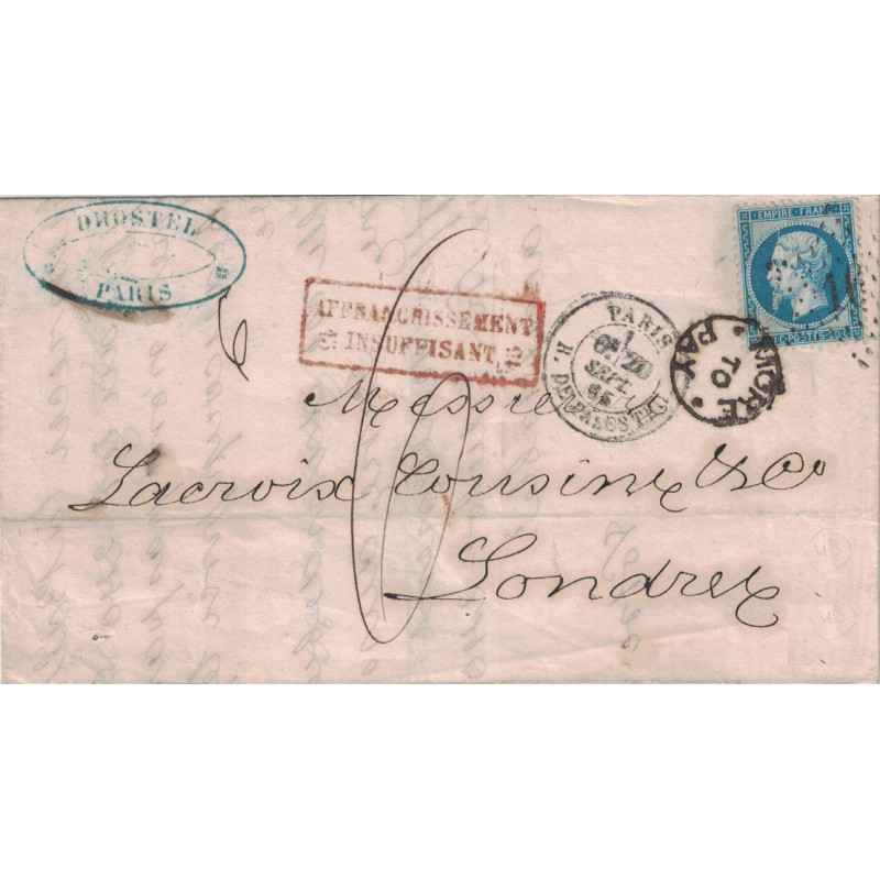 PARIS - ETOILE 16 - R.DE PALESTRO - 20-9-1865 - EMPIRE N°22 - LETTRE POUR LONDRES AVEC TAXE MANUSCRITE.