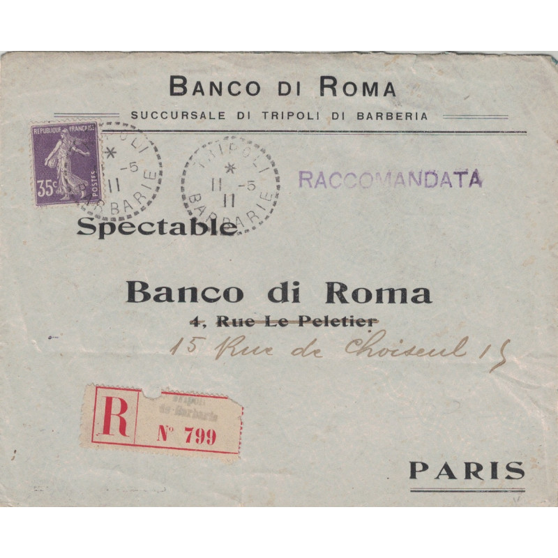 LIBYE - TRIPOLI - BARBARIE - LETTRE RECOMMANDEE DU 11 JUIN 1911 - SEMEUSE No142 DE METROPOLE - CACHET A TIRETS POUR PARIS.