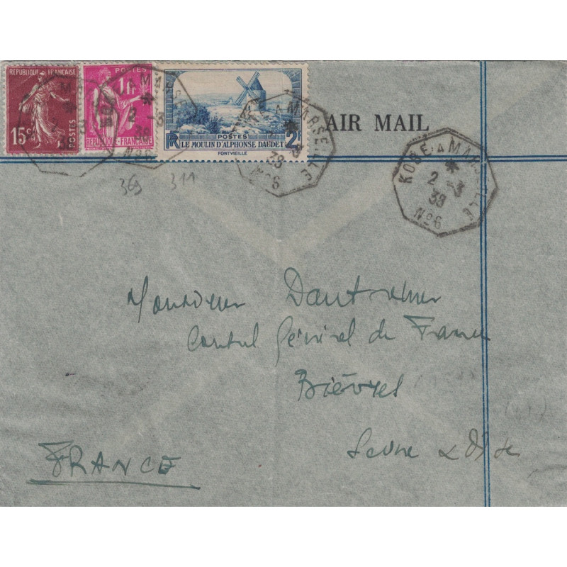 SEMEUSE - PAIX & DAUDET - KOBE A MARSEILLE N°6 - LETTRE BATEAU AVION DU 2-3-1938 POUR LA FRANCE.